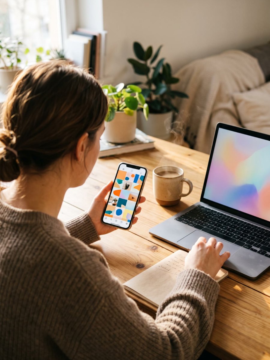 Una social media manager al lavoro con il telefono e il portatile